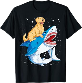 Golden Retriever Riding Shark Jawsome Dog Lover Galaxy Space Men Women Girls Kids T-Shirt