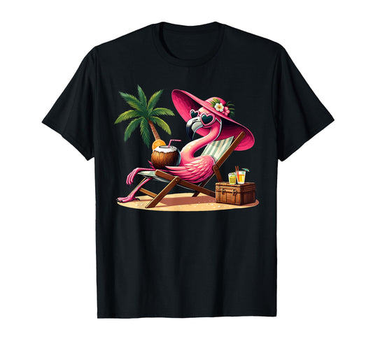 Pink Flamingo Summer Vibes Beach Palm Tree Summer Vacation T-Shirt