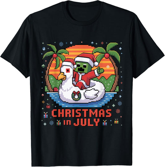 Christmas In July Funny Santa Zombie Chicken Pixel Art Kids T-shirt