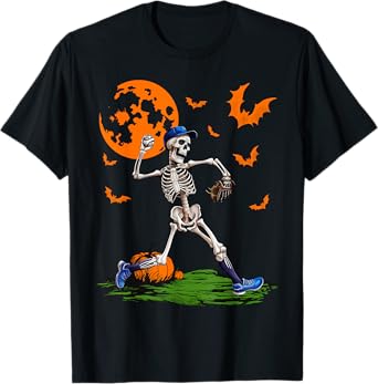 Baseball Skeleton Halloween Men Boys Baseball Spooky Season T-Shirt