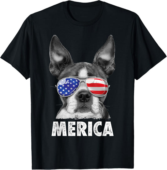 Boston Terrier 4th of July Merica Men Women USA Flag Vintage T-Shirt
