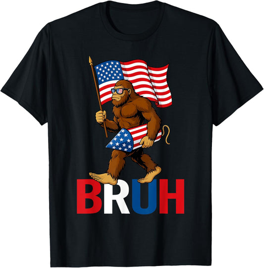 Bruh Bigfoot Fireworks American Flag Patriotic 4th Of July T-shirt