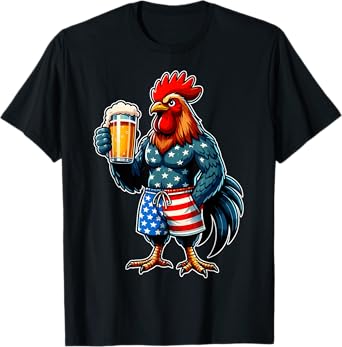Chicken Holding Beer USA Flag Patriotic 4th of July Chicken T-Shirt