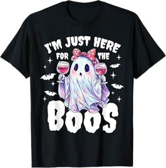 Just Here for The Boos Wine Drinking Cute Ghost Coquette Bow T-Shirt