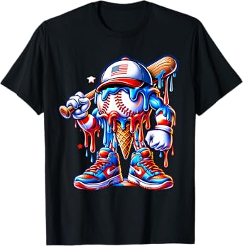 4th of July Red White and Blue Baseball Ice Cream Drip Boys T-Shirt