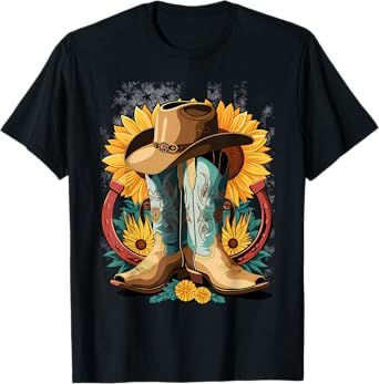 Western Cowboy Boot Horseshoe Sunflower Rope Cowgirl Country T-Shirt