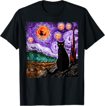 Halloween Starry Night Black Cat Kitten Spooky Ghost Witch T-Shirt