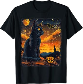 Black Cat Starry Night Van Gogh Pumpkins Bats Halloween Crew T-Shirt