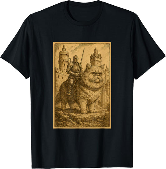 Medieval Knight Riding a Persian Cat Rider Surreal Feline T-Shirt