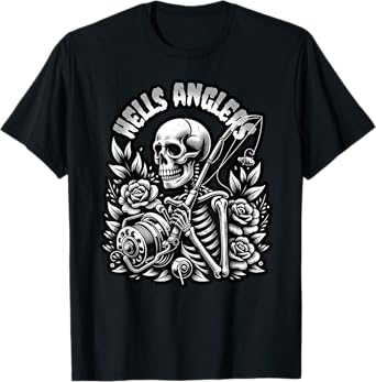 Fly Fishing Skeleton, Fish Reel & Rod, Angler, Biker T-Shirt