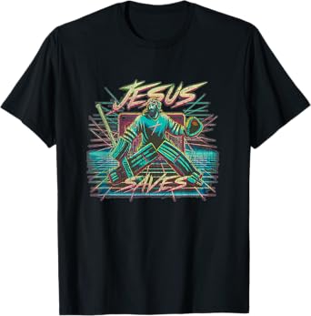 Vintage Retro Vaporwave Jesus Saves Ice Hockey Goalie T-Shirt