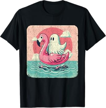 Funny Pool Vintage Ghost On A Pink Flamingo Summer Halloween Men Women T-Shirt