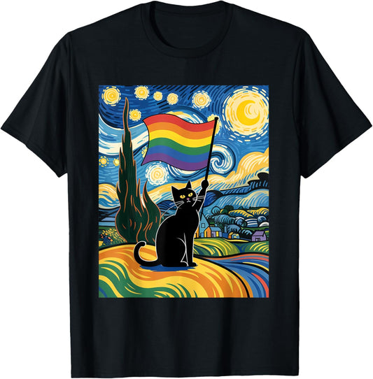 Funny Gay Pride Cat Art Cat Starry Night Style LGBTQ Pride T-Shirt