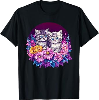 Adorable Kittens In Vibrant Floral Setting T-Shirt