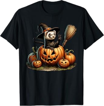 Funny Ferret Witch Pumpkin Halloween Mens Womens Kids T-Shirt