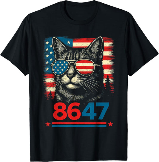 8647 86 47 Funny Cat USA Flag Sunglasses Men Women T-Shirt