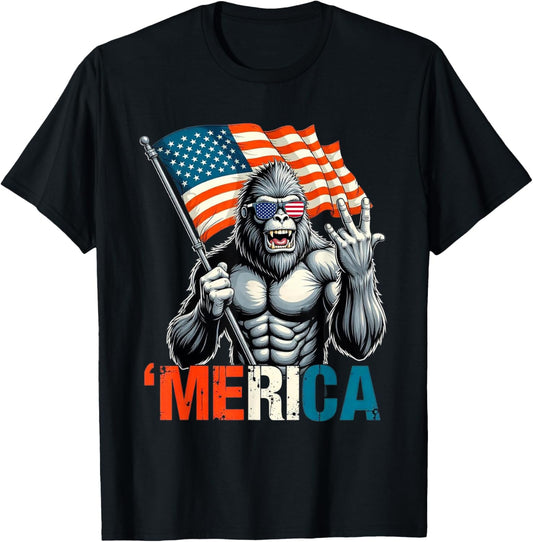 Bigfoot Merica Rock American Flag Patriotic 4th Of July T-shirt