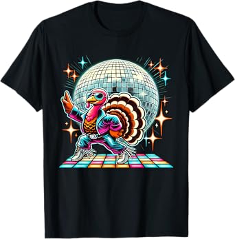 Disco Turkey Halloween Tees Unisex-Adult Black Cartoon Turkey Disco T-Shirt Small Straight Short Sleeve T-Shirt