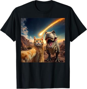 Funny Cat Dinosaur Selfie with Meteor T-Shirt for Men Women Girls Kids
