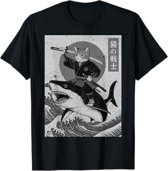 Funny Anime Cat Japanese Vintage Samurai Cat Riding Shark T-Shirt for Men Women Kids