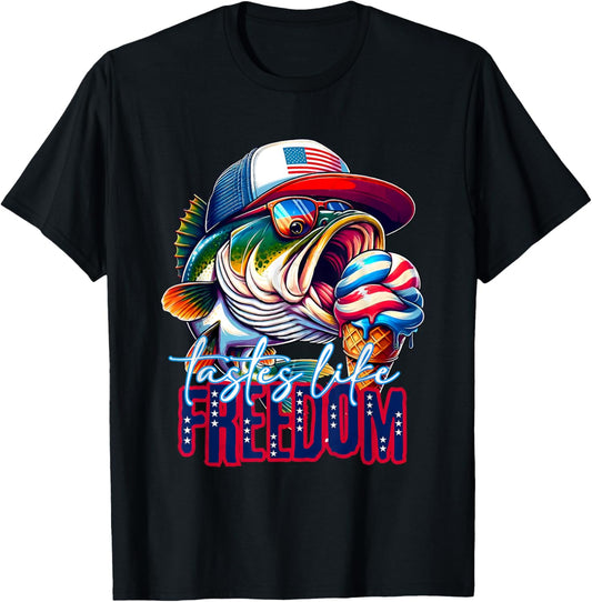 Tastes Like Freedom American Happy 4th Of July Bass Fishing T-Shirt