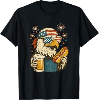 Patriotic Bald Eagle Beer Hot Dog Firework Retro 4th of July T-Shirt