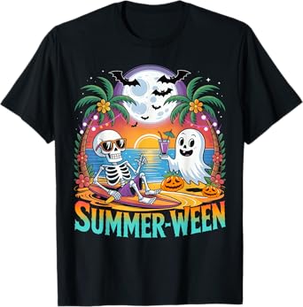 Beach Party Halloween Vibes Summerween Skeleton Ghost T-Shirt