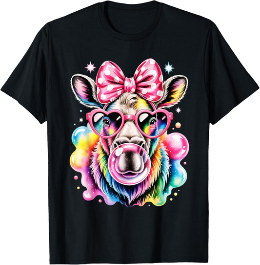 Cool Rainbow Moose with Sunglasses Bubblegum Cute Girls T-Shirt