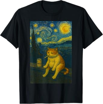Sad Beer Cat in Starry Night Smoking Cat Meme T-Shirt