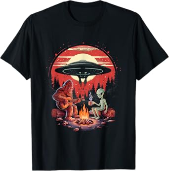 Alien And Bigfoot Campfire Sasquatch UFO For Outdoor Lovers T-Shirt