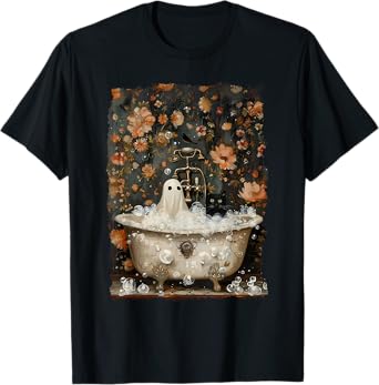 Ghost Takes A Bath Tub In Flower Forest Halloween Vintage T-Shirt