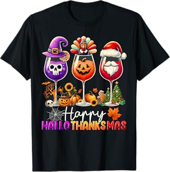 Happy Hallothanksmas Wine Halloween Thanksgiving Christmas T-Shirt
