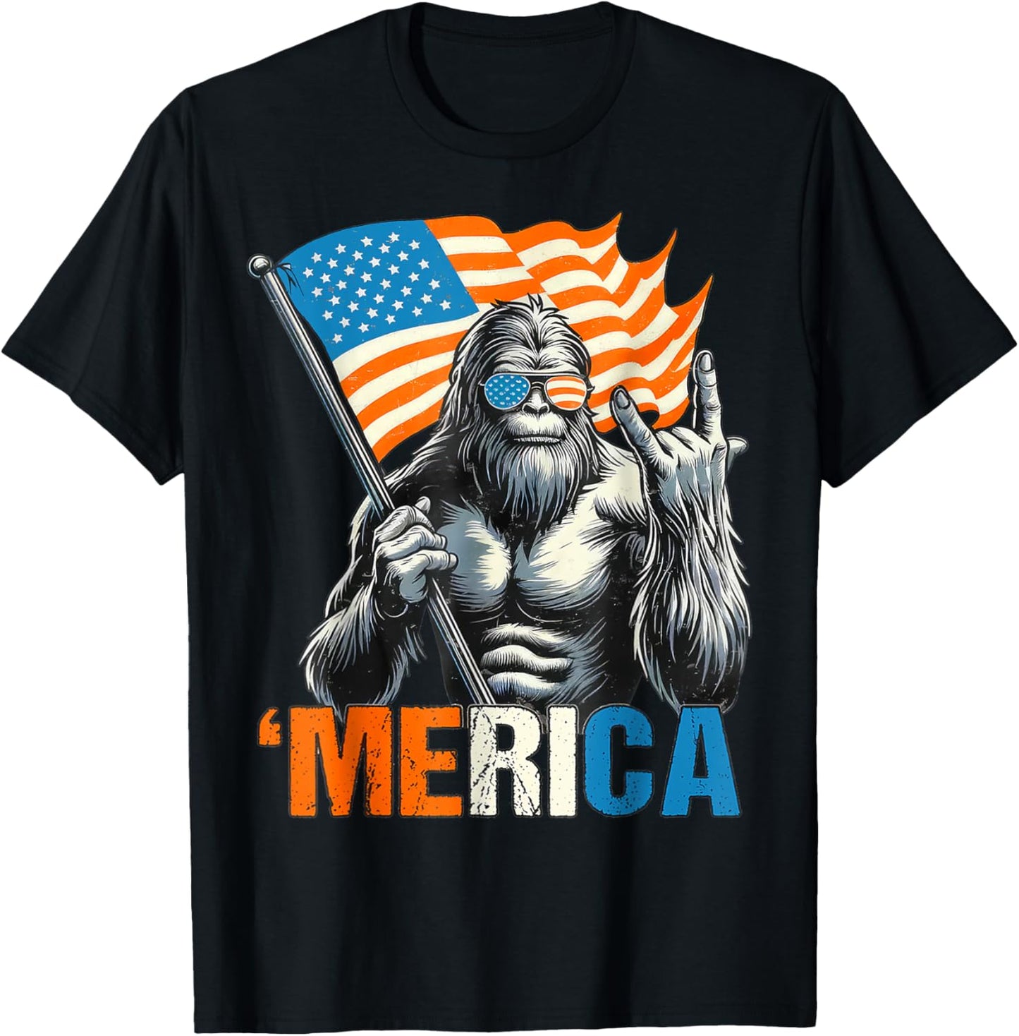 Bigfoot Merica Rock American Flag Patriotic 4th Of July T-shirt