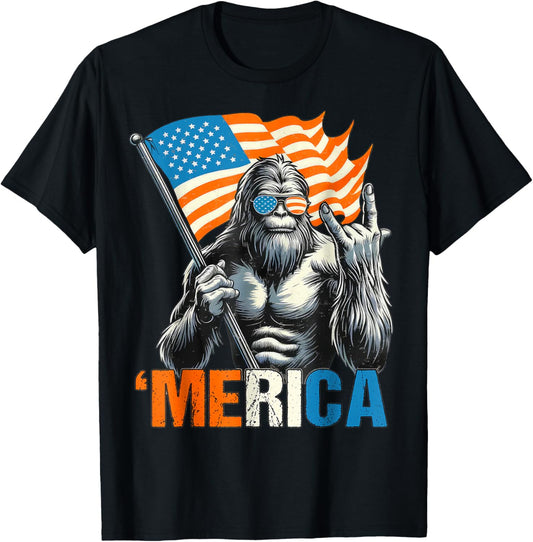 Bigfoot Merica Rock American Flag Patriotic 4th Of July T-shirt