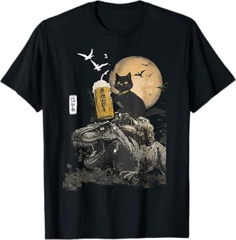 cat loves beer black dinosaur art print T-Shirt