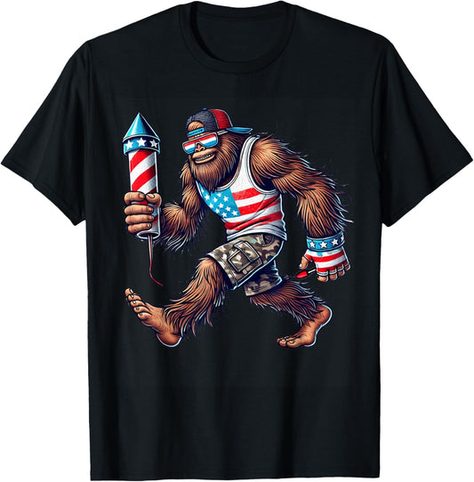 Bigfoot Fireworks 4th of July Men Sasquatch US Flag Men Boys T-Shirt