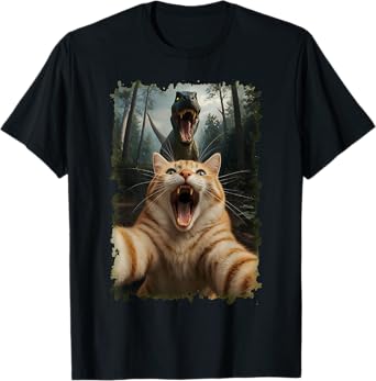 Funny Orange Cat Selfie with T-Rex Dinosaur T-Shirt