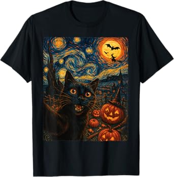 Halloween Black Cat Selfie Cat Lovers Van Gogh Starry Night Men Women Kids T-Shirt