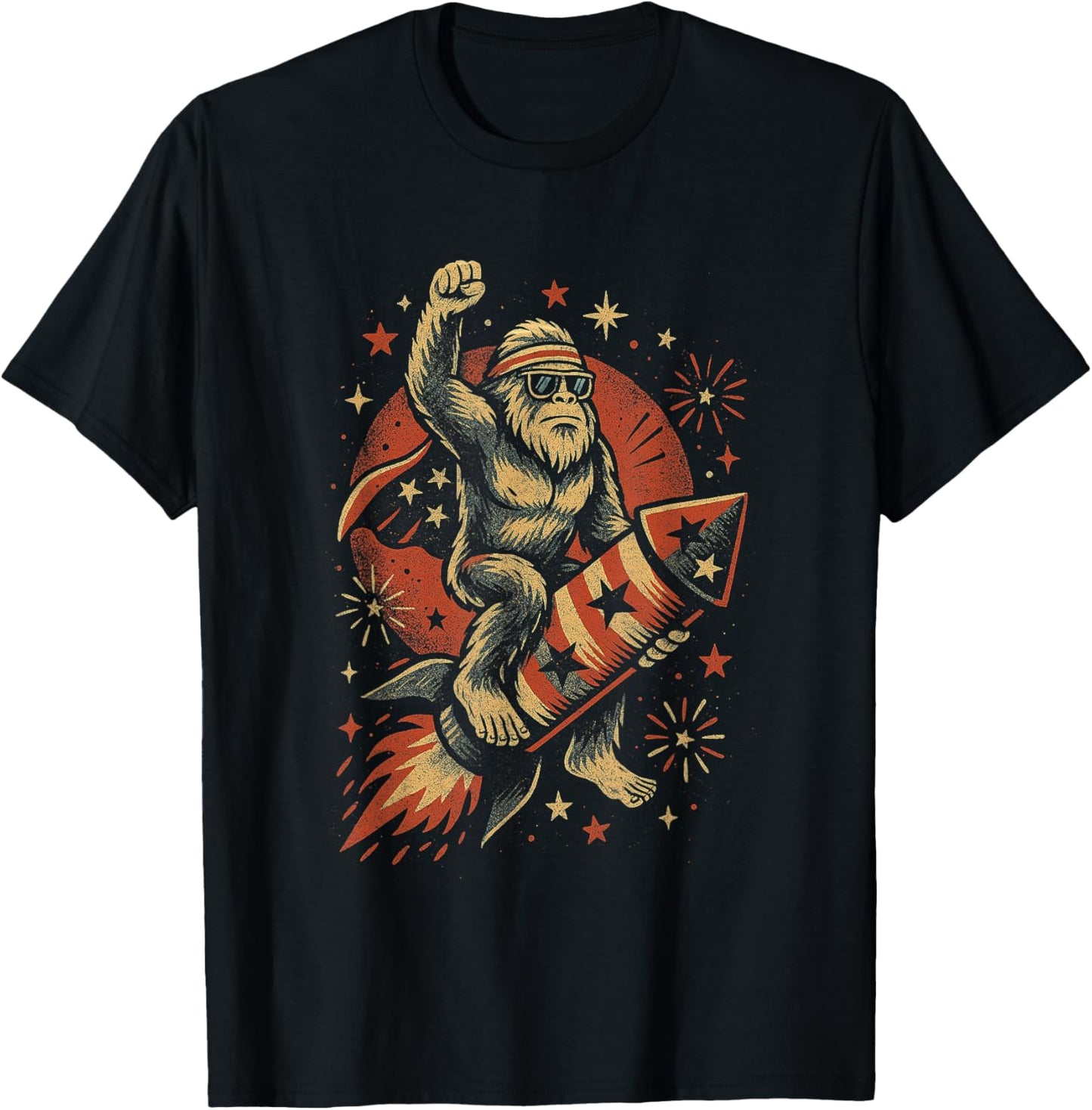 Retro Bigfoot Fireworks July 4th Sasquatch American Us Flag T-shirt