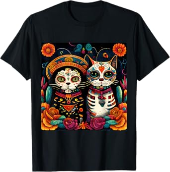 Dia De Los Muertos Shirt Cat Sugar Skull Mexican Men Women Kids T-Shirt