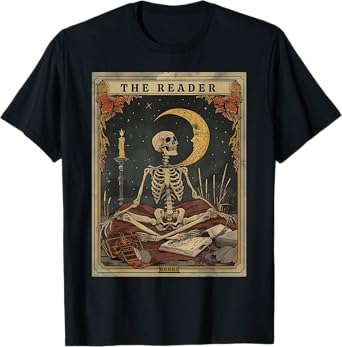 Books Lover Book Novels Reading Halloween Costumes Cottagecore Skeleton Aesthetic Tarot Card The Reader Graphic T-Shirt