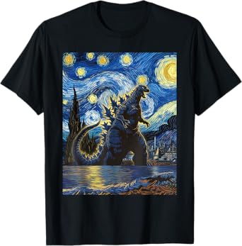 Vintage Japanese Monster Kaiju in Van Gogh Starry Night Art T-Shirt