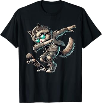 Dabbing Halloween Cat Wolf Skateboard Trick or Treat Boys T-Shirt