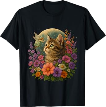 Fairycore Kitten Moon Wildflowers Tee Whimsical Floral Lunar T-Shirt