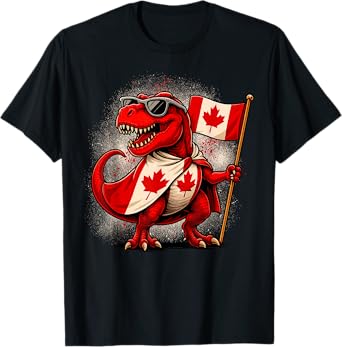 Funny T Rex Maple Leaf Canadian Flag Canada Day Kids Boys T-Shirt