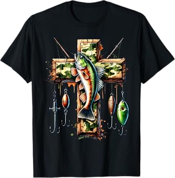 Camo Cross Fishing Faith Christian Fisherman Hunter Hunting T-Shirt