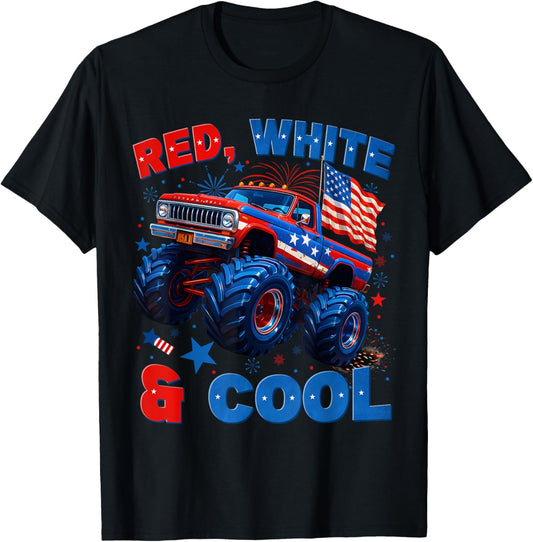 4th Of July Red White And Cool Monster Truck Fireworks Boys T-Shirt