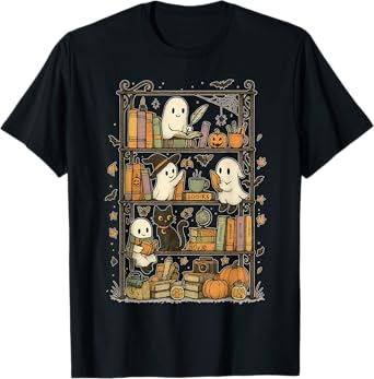Retro Halloween Bookshelf Ghost and Cat Bookshelf Book Lover T-Shirt