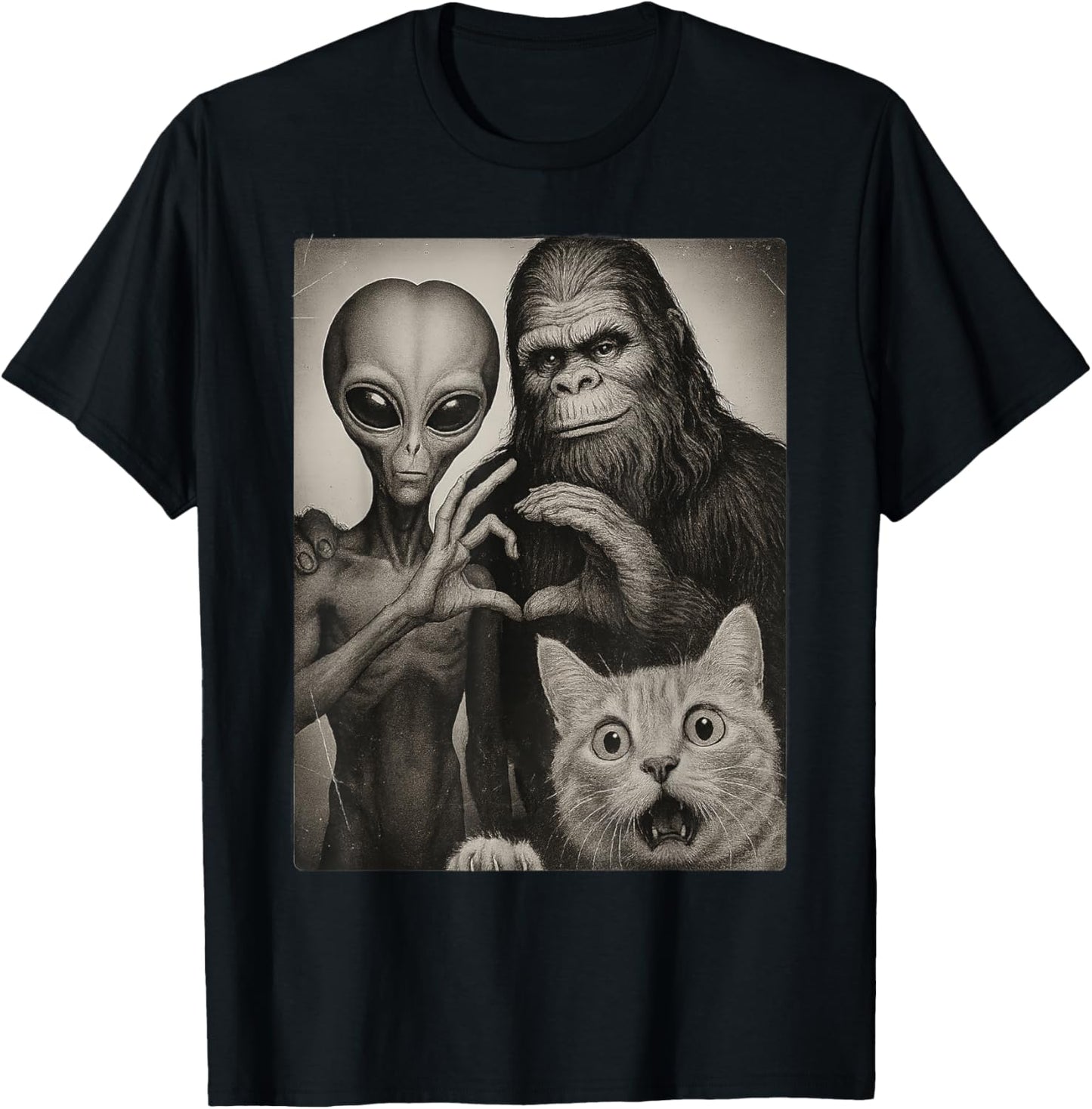 Funny Cat Selfie with Romantic Bigfoot in Love with Alien T-Shirt