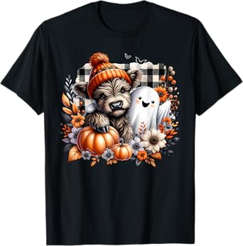 Highland Cow Ghost Spooky Season Autumn Halloween Pumpkin T-Shirt